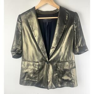BCBGMAXAZRIA Womens XS Black Gold Metallic Short Sleeve Structured Foley Blazer